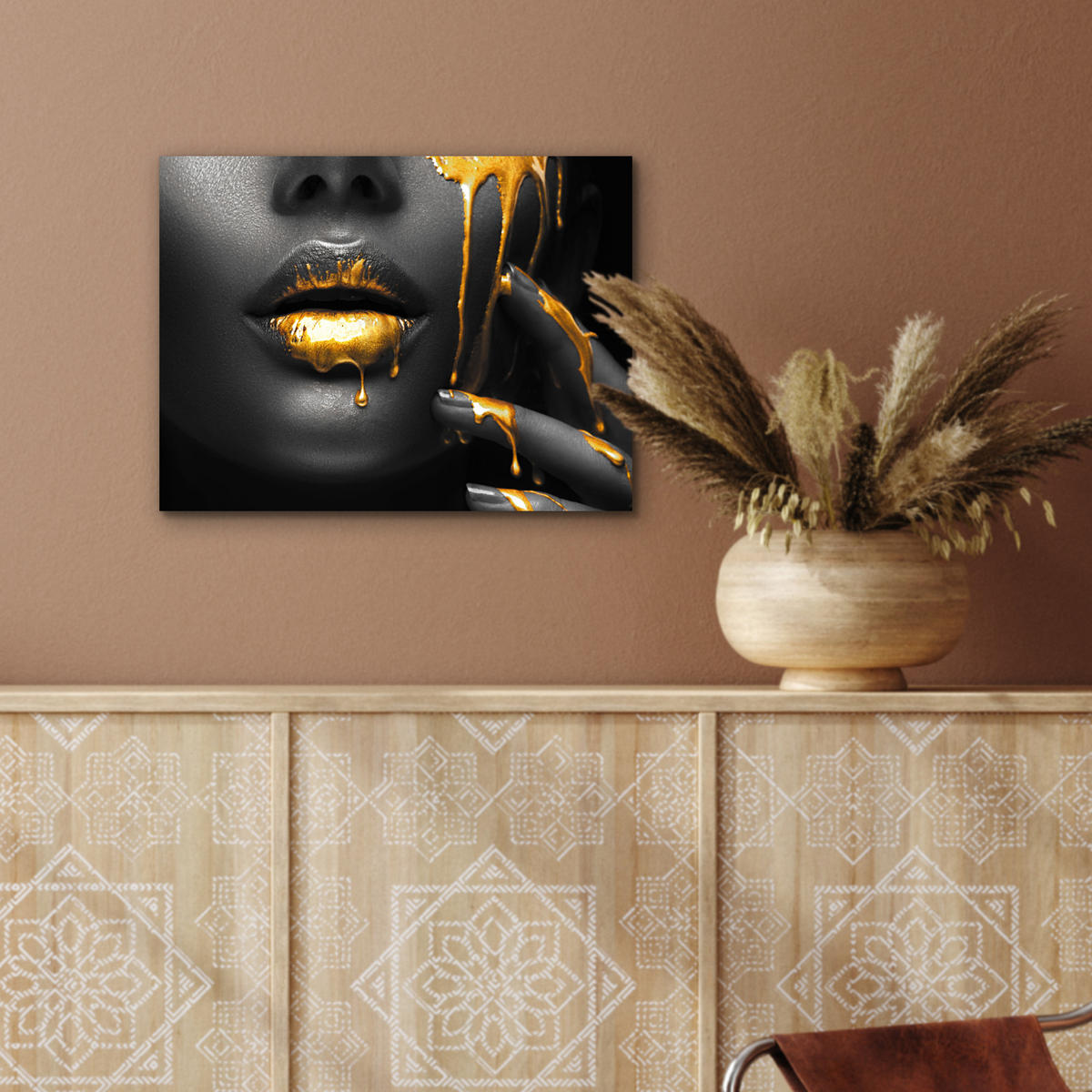 METALLBILD Frau - Schwarz - Gold - Gesicht - Lippen 40x30 cm - Goldfarben, Metall (40/30cm) - MuchoWow