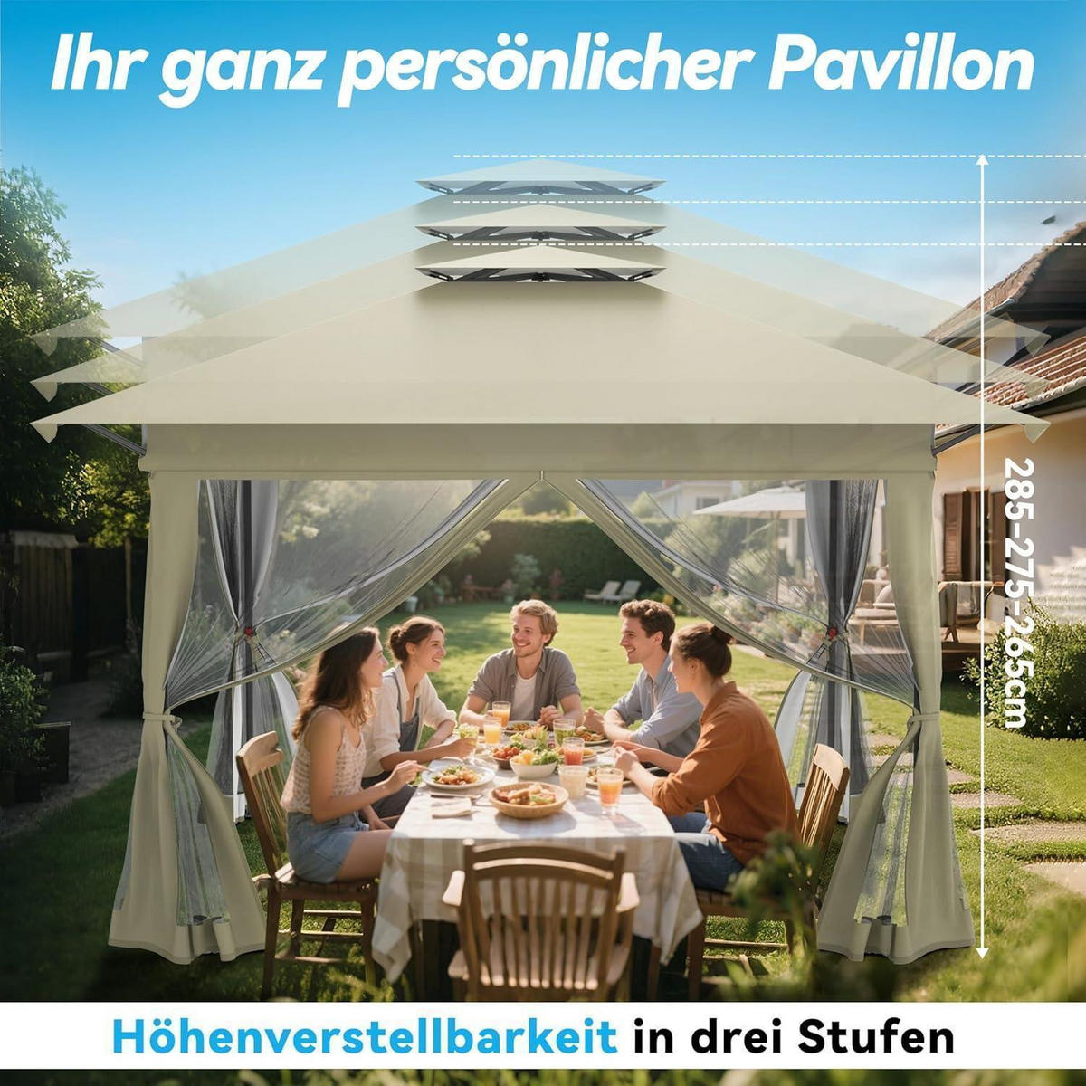 GARTENPAVILLON 4 x 4 m mit Moskitonetz Khaki - Olivgrün, Metall (400/285/400cm)