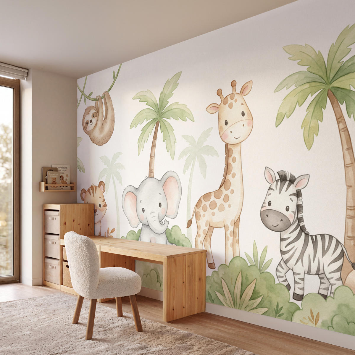 KINDERTAPETE - Tiere - Dschungel - Pastell - 400x280 cm - Weiß, Papier (400/280cm) - OnlyWow