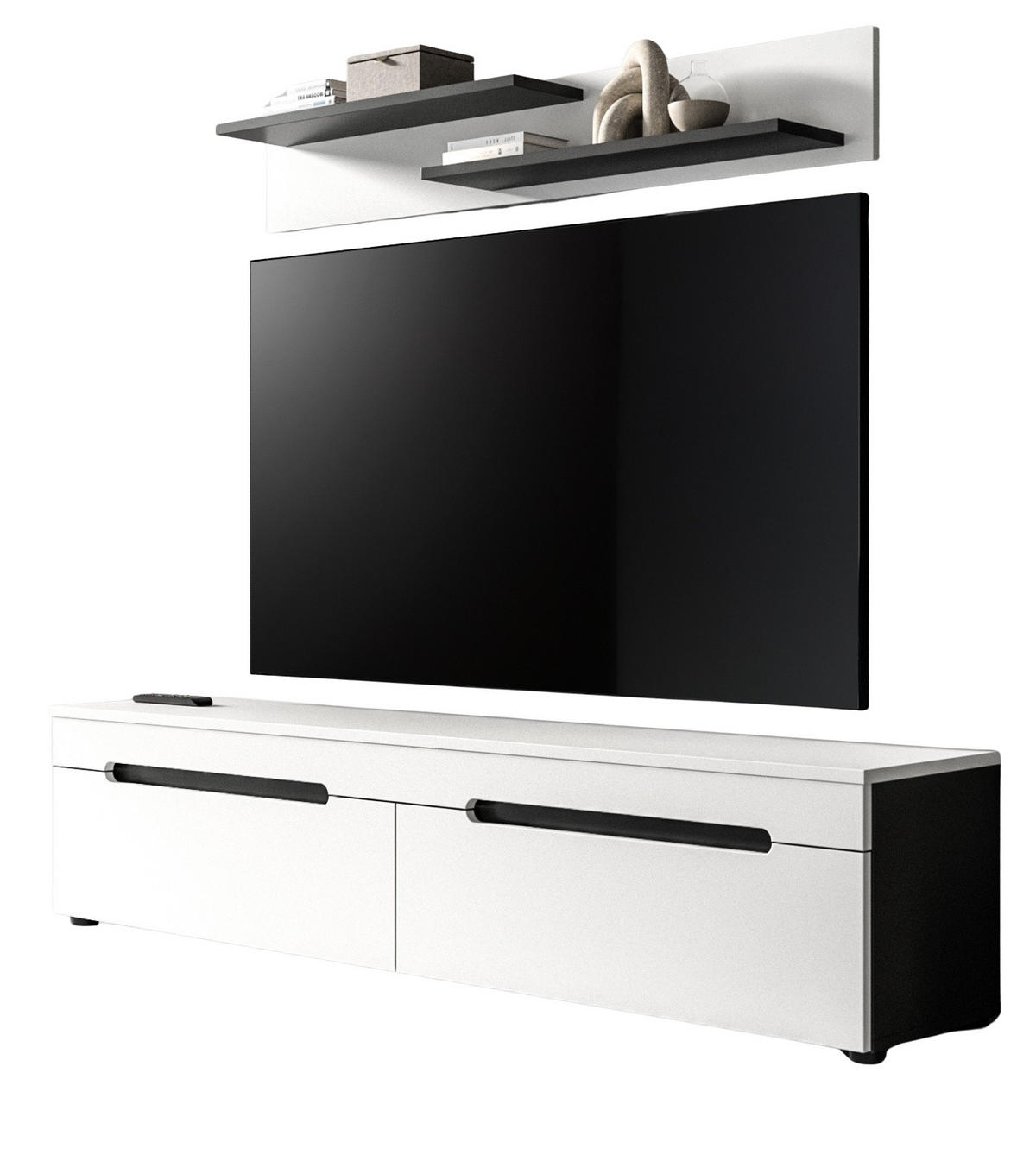WOHNWAND weiß, grau mit TV-Lowboard hängend / stehend und Wandboard 170 cm, Cooper - Schwarz/Weiß, Holzwerkstoff/Kunststoff (170/180/33cm) - Inn.Furn