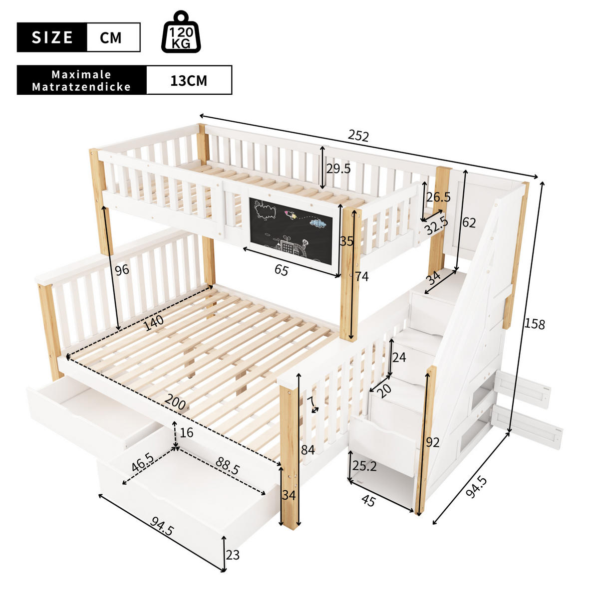 KINDERBETT aus Massivholz 90x200/140x200 cm in Weiß mit Tafel - Weiß, Holz (90/200cm) - Modfu