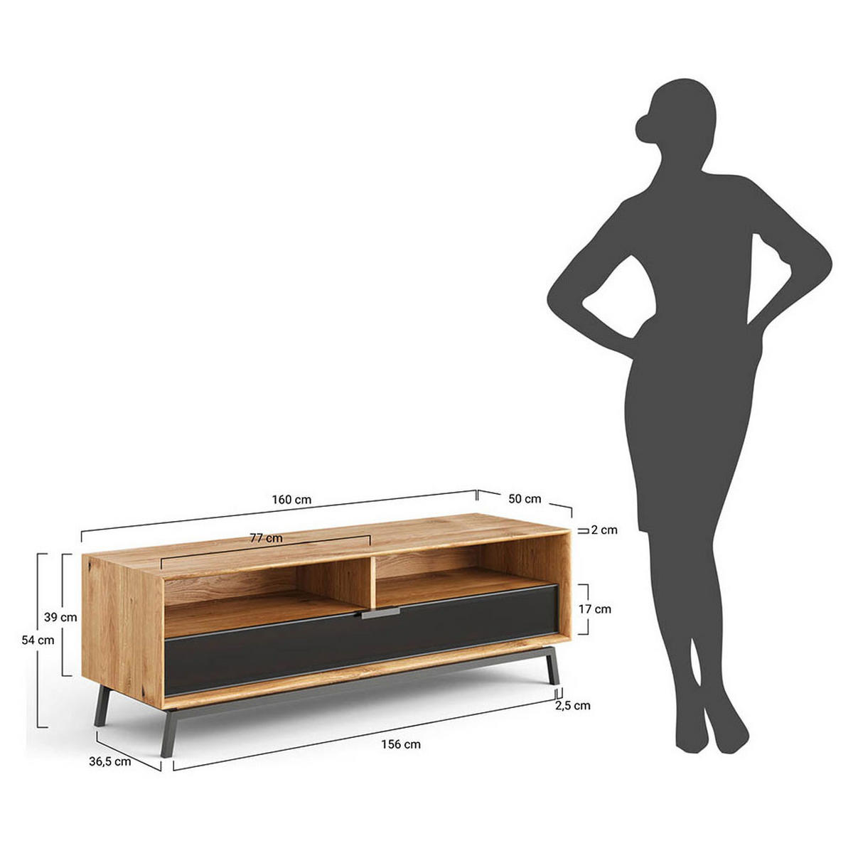 LOWBOARD Modern Loft Eiche Natur 160 / 50 / 54cm - Eichefarben/Schwarz, Holz/Metall (160/54/50cm) - Feldmann-Wohnen