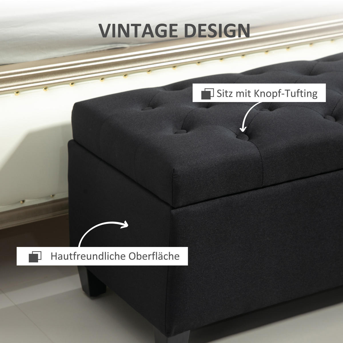 LUXUS Sitzbank Polsterbank mit Stauraum Armlehnen Polyester Holz Schwarz - Schwarz, Holz/Kunststoff (40/44/100cm) - HOMCOM