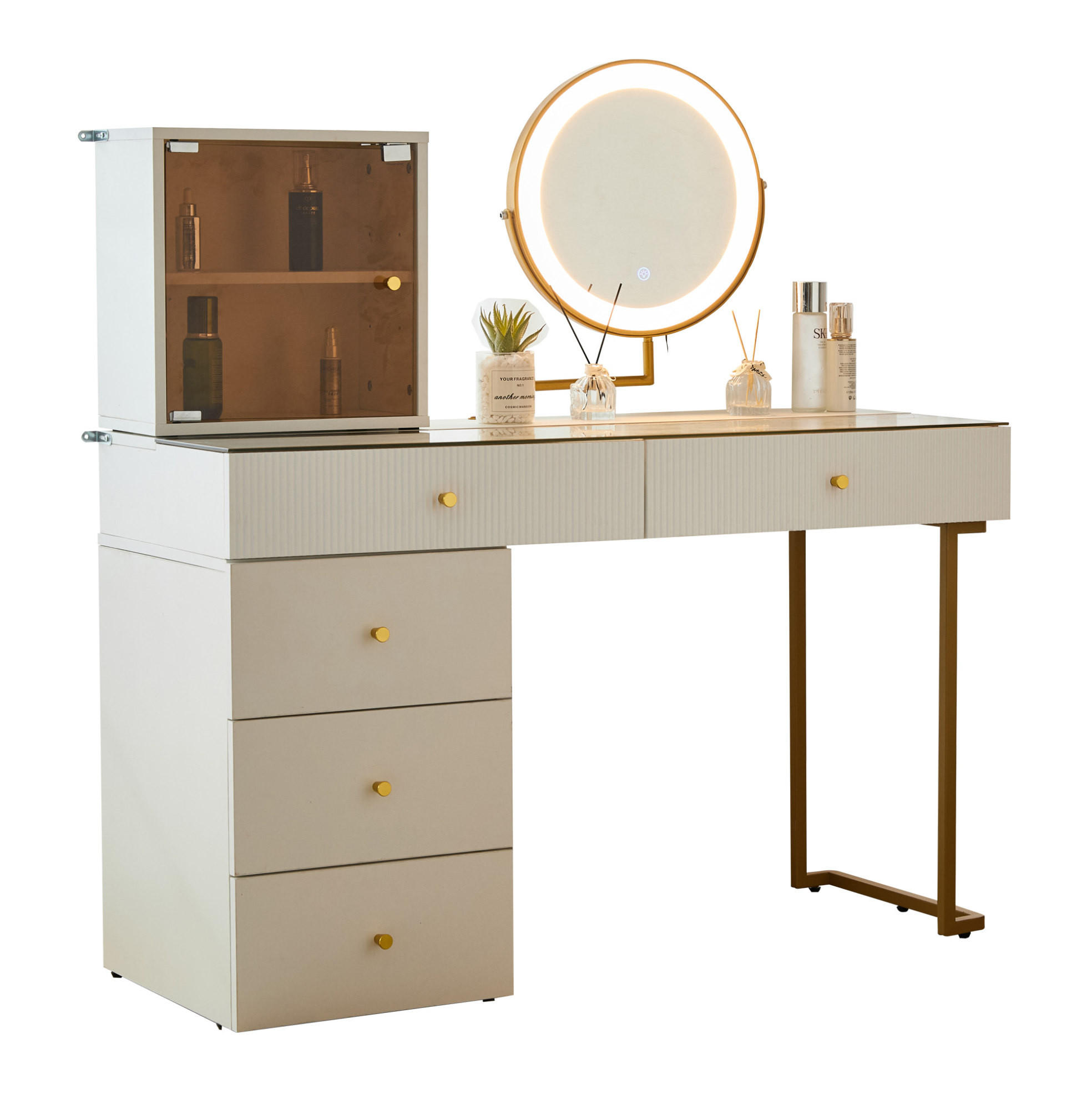 SCHMINKTISCH 120/45/115 cm mit LED-Spiegel, flexiblem Seitenregal und Glasplatte, Weiß/Goldfarben - Weiß, Holzwerkstoff (120/115/45cm) - Redom