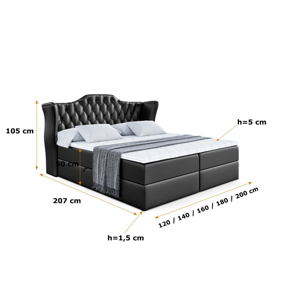 BOXBETT mit Matratze H3 und Lattenrost - VILA - 140x200 cm Schwarz Hochglanz - Schwarz Hochglanz, Holzwerkstoff (140/200cm) - ALTDECOR