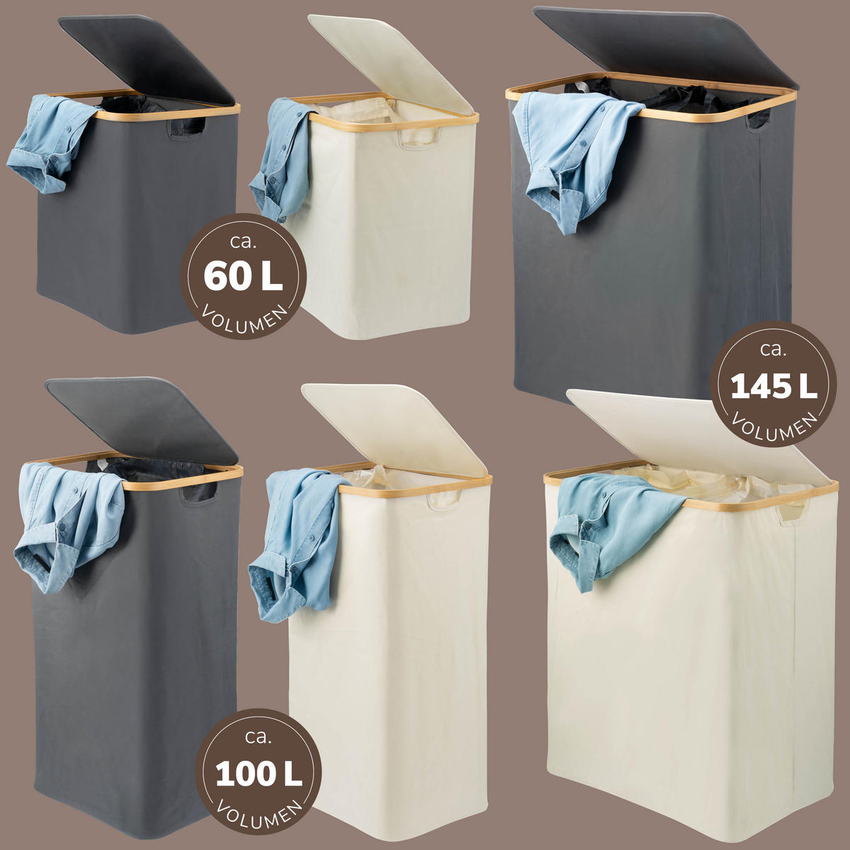 WÄSCHESAMMLER 145 Liter, grau - Grau, Textil (57.5/68/37.5cm) - bremermann