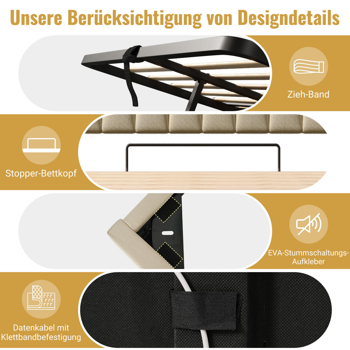 POLSTERBETT aus Leinen 140x200 cm in Beige mit LED & USB/Type-C - Beige, Textil (140/200cm) - Modfu