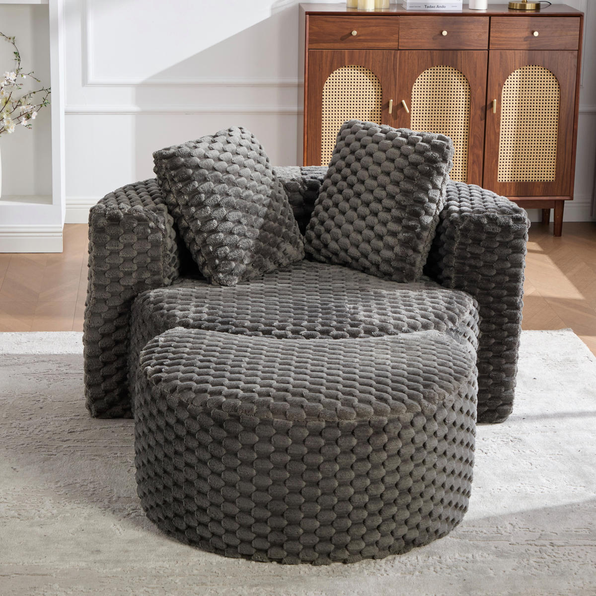 LOUNGESESSEL Mit Hocker Übergroß Rund Komprimiert Ohne Montage - Dunkelgrau, Textil (129/65/116cm) - Urban Meuble