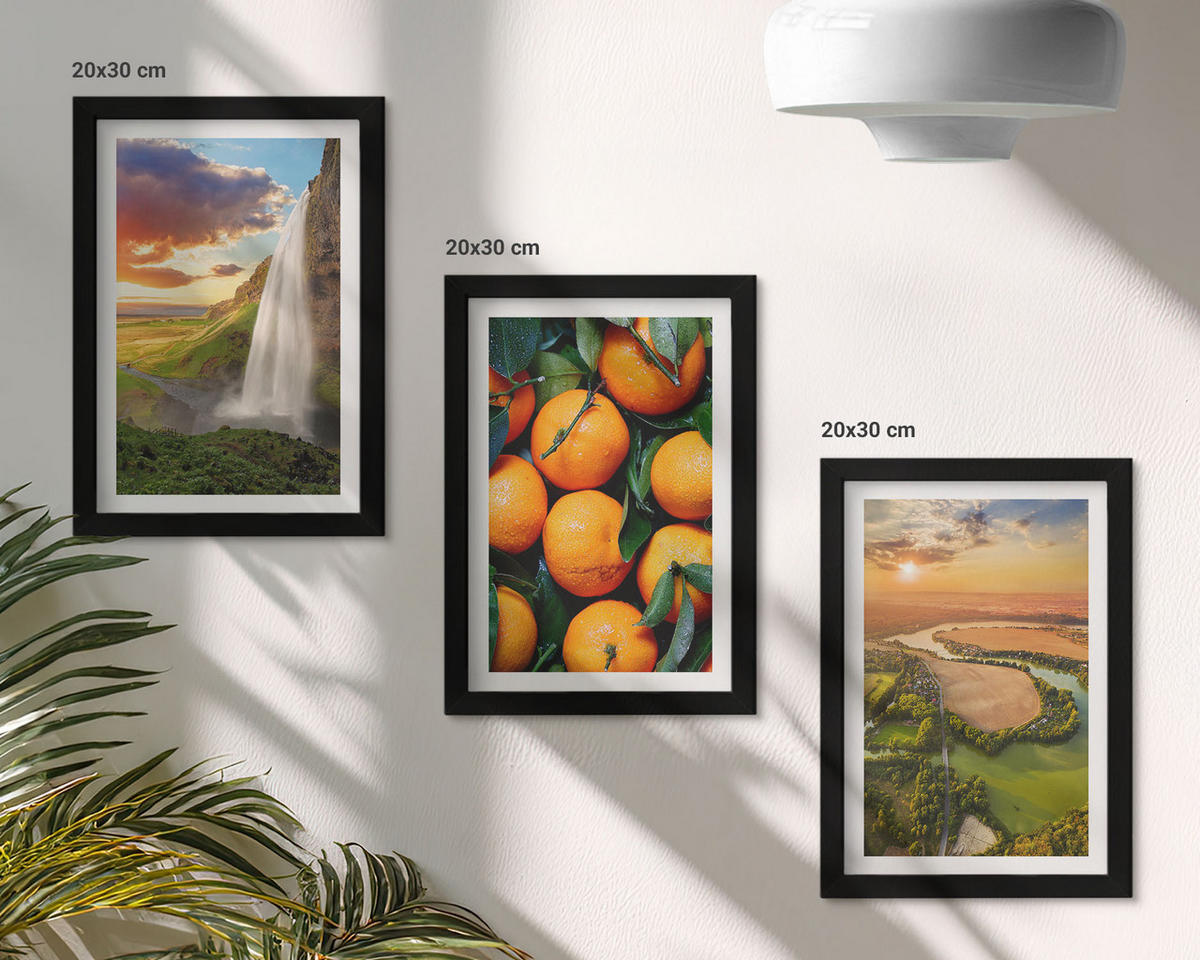 BILDER SET 3er Set - 20x30 cm Schwarzer Rahmen - Orange Mountain Wasserfall - Schwarz, Kunststoff (20/30cm) - TULUP