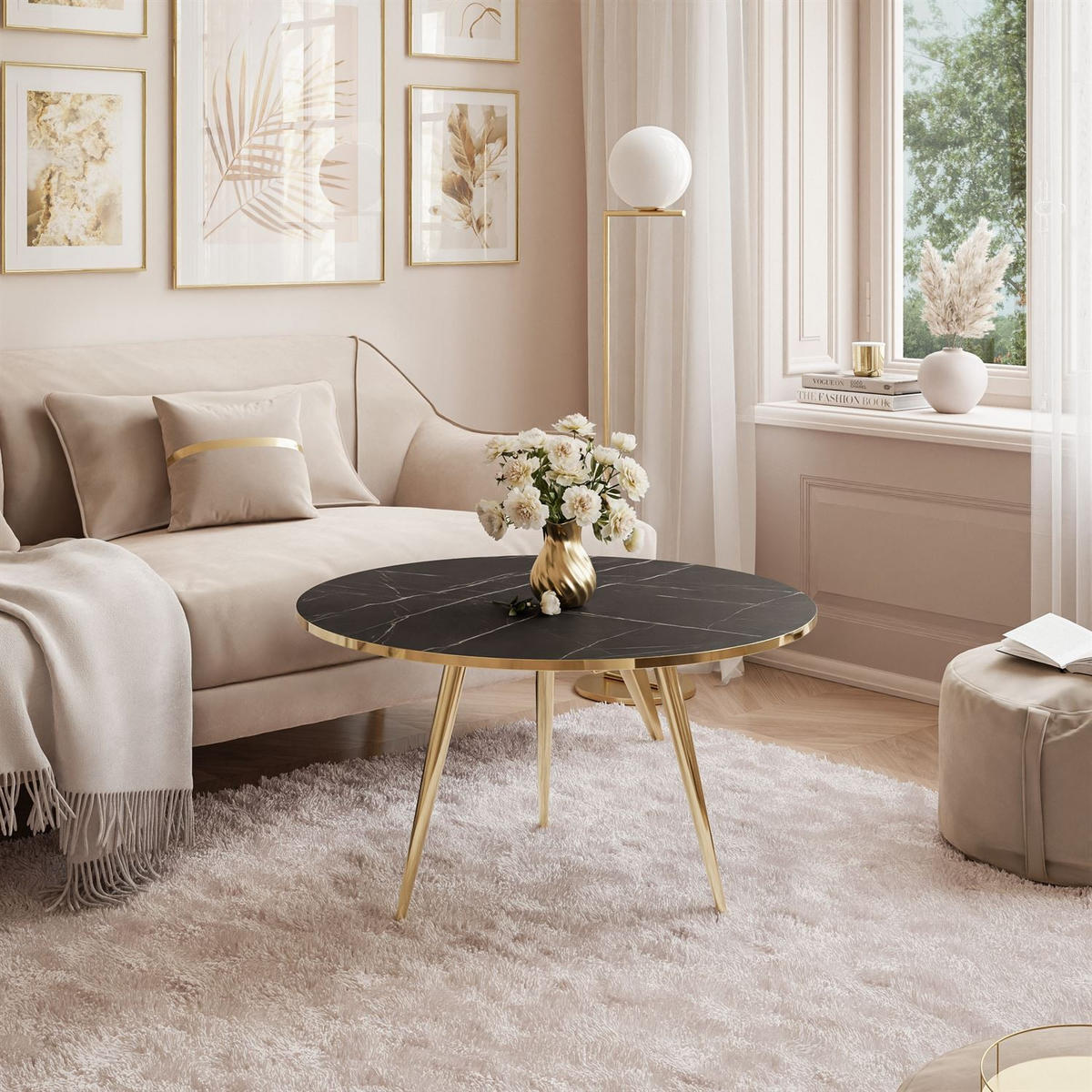 COUCHTISCH SOLEIL GOLD Schwarz Marmor, 70cm - Schwarz, Holzwerkstoff (50/70/47cm) - Lookway