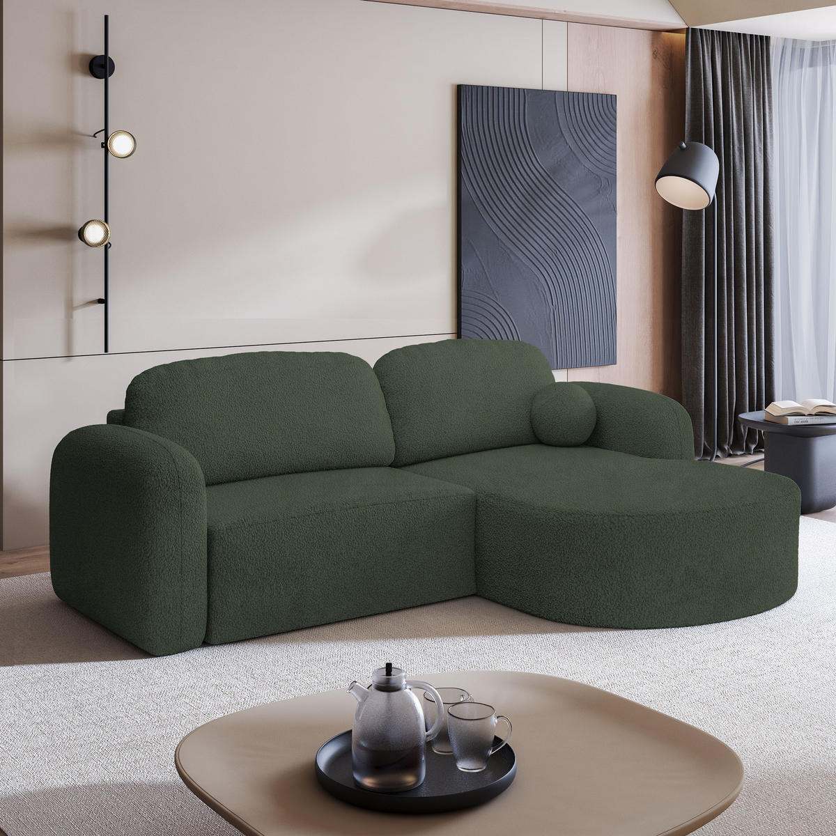 ECKSOFA AMILIA R-S Grün Boucle-Stoff mit Schlaffunktion - Grün, Holz (263/174cm) - MASSENO