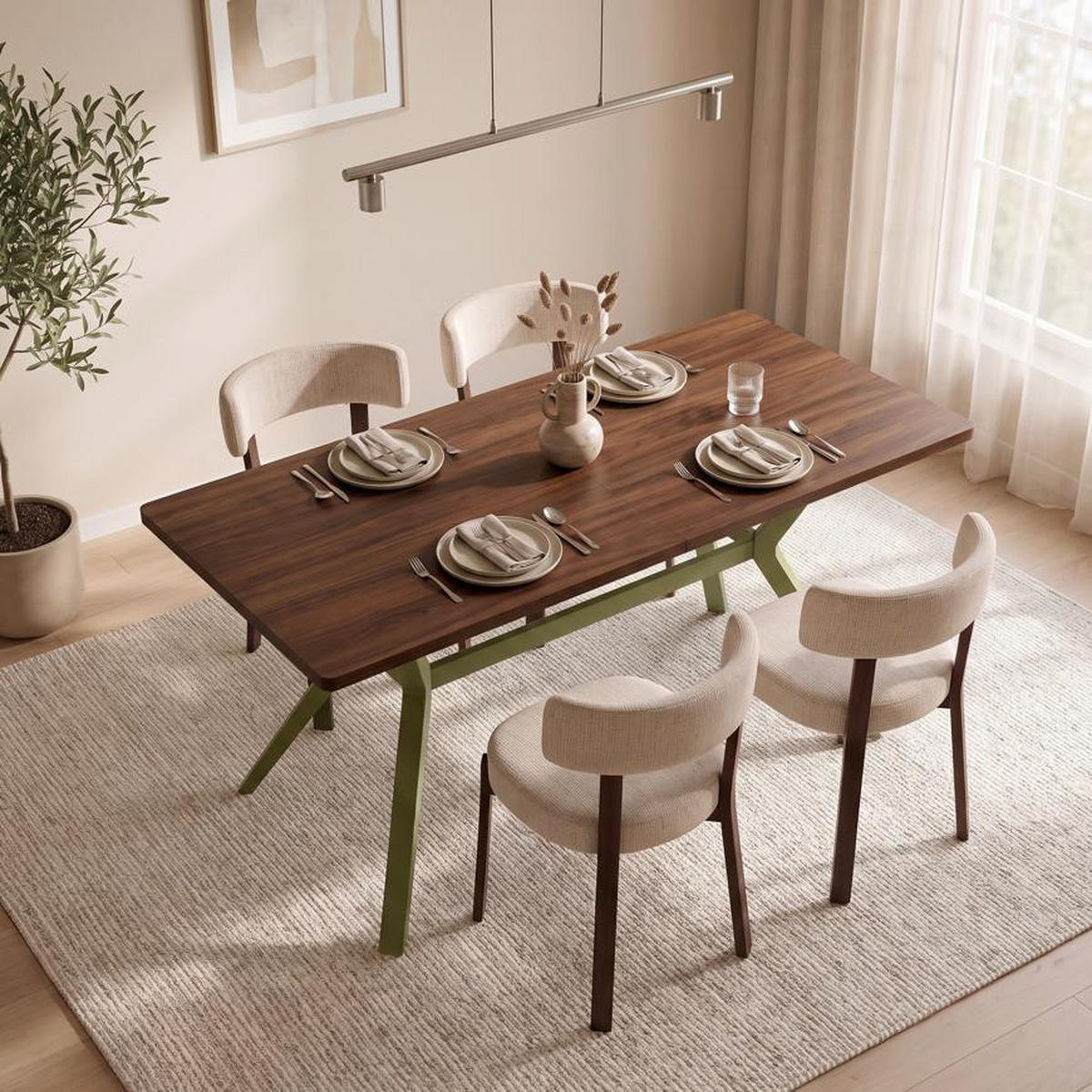 ESSTISCH 160cm Metallbeine Khaki Und Tischplatte Nussbaum-Optik Andrea - Nussbaumfarben/Grün, Holzwerkstoff/Metall (90/160/75cm) - Sicaan
