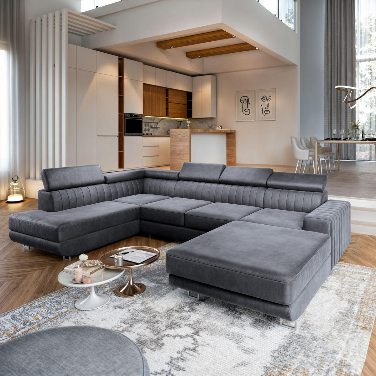 WOHNLANDSCHAFT SIENA L-S Grau Velours-Stoff mit Schlaffunktion - Grau, Holz (335/89/190cm) - MASSENO