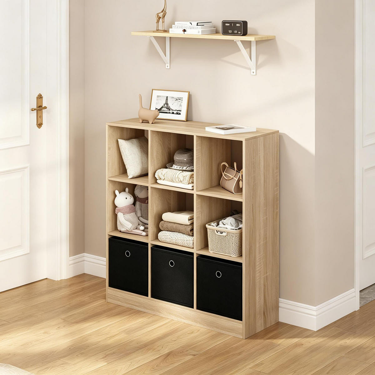 BÜCHERREGAL Schwarz/Eiche hell mit 3 Stoffschubladen 80/30/86.5 cm - Schwarz, Holzwerkstoff (80/86.5/30cm) - PANGIVO