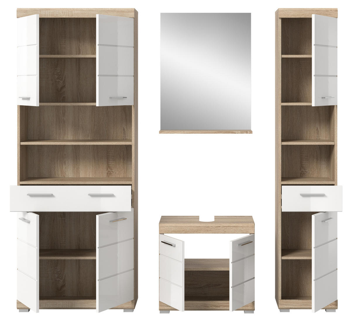 BADMÖBEL-SET weiß Hochglanz, Eiche 4-teilig 186 cm, viel Stauraum - Weiß Hochglanz/Eichefarben, Holzwerkstoff (186/191/34cm) - Inn.Furn