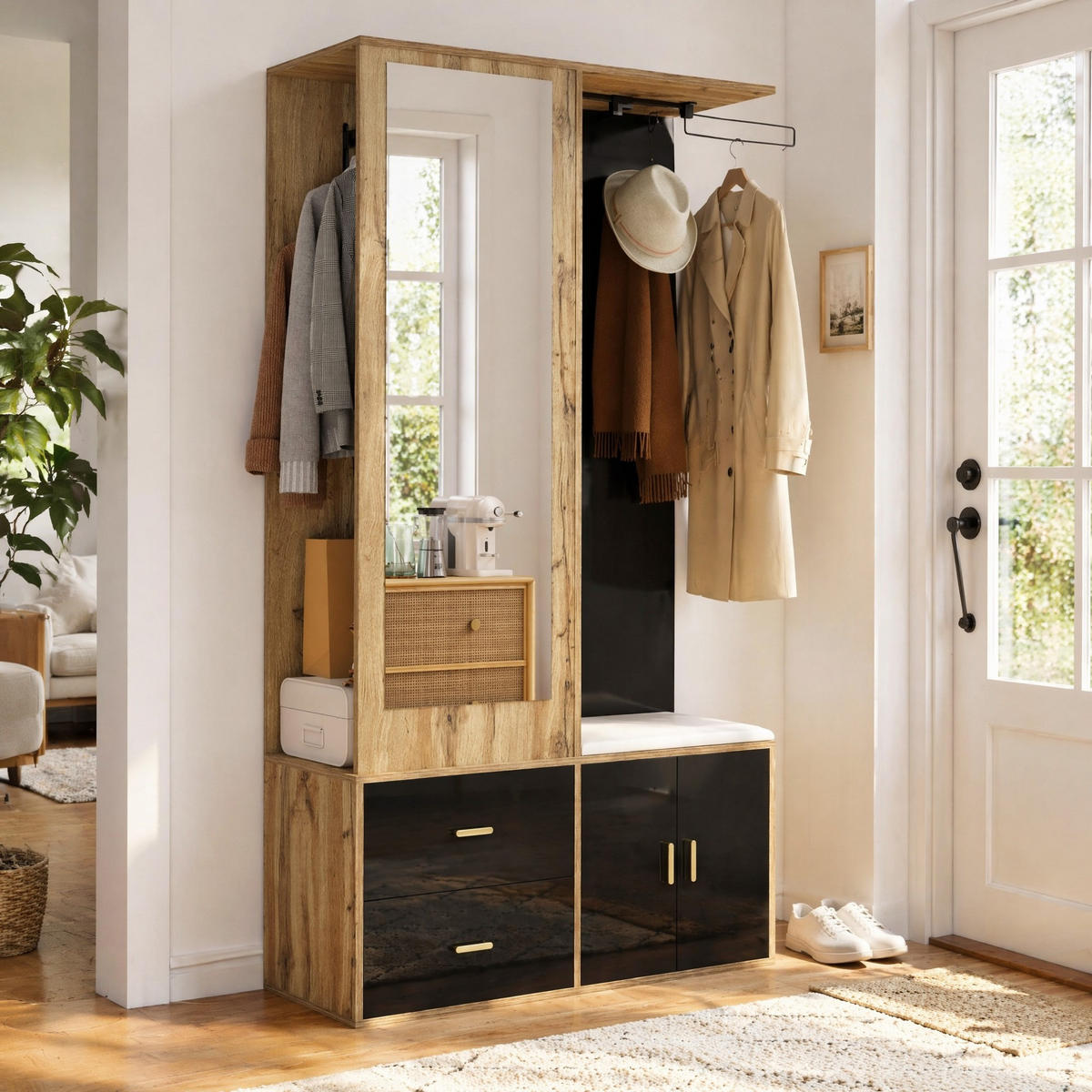GARDEROBE-SET in Schwarz und Naturfarben Garderobenschrank mit Spiegel und Schuhbank für Flur, B100/T38/H180 cm - Schwarz/Naturfarben, Glas/Holzwerkstoff (100/180/38cm) - STILVORA