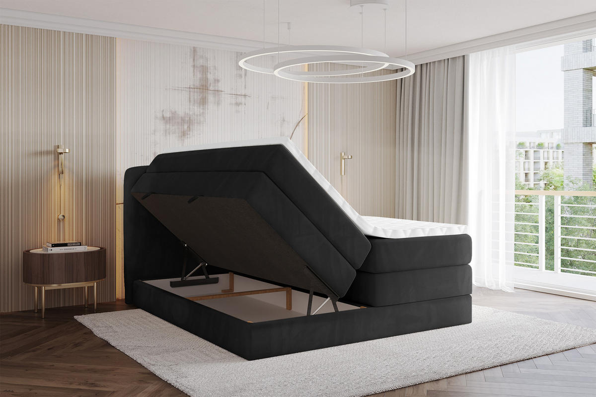 BOXBETT mit Matratze H3|H4 - NINA KING - 160x200 cm - Schwarz - Schwarz Hochglanz, Holzwerkstoff (160/200cm) - ALTDECOR