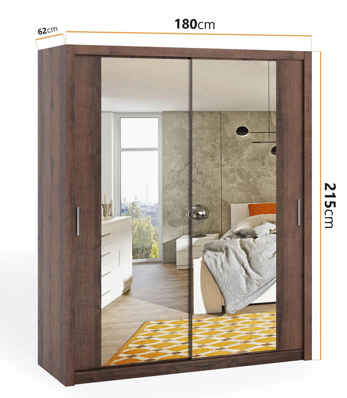 SCHIEBETÜRENSCHRANK Tamiza 180/215/62 mit Spiegel - Silberfarben/Braun, Holzwerkstoff/Kunststoff (180/215/62cm) - Ravio