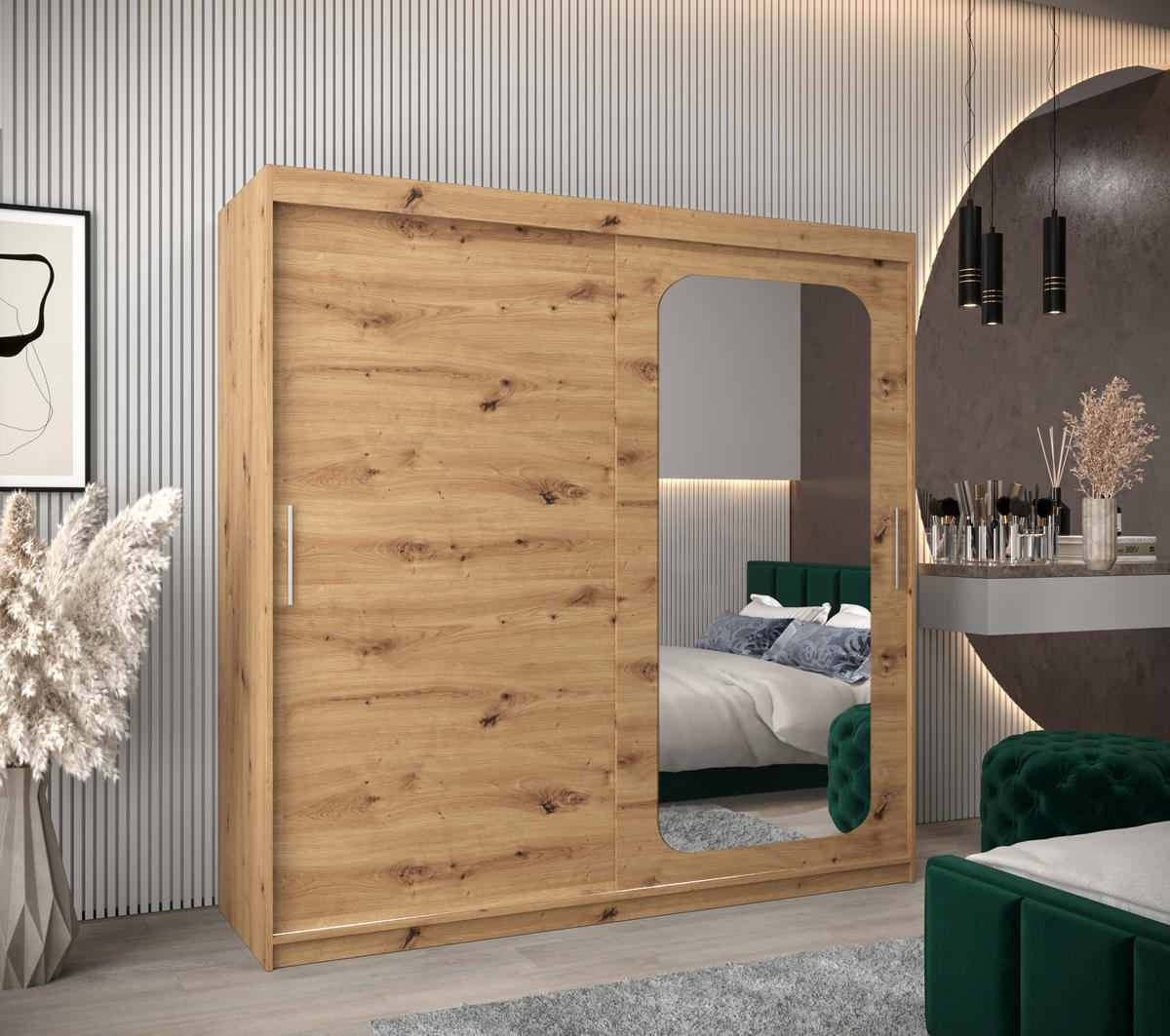SCHWEBETÜRENSCHRANK 200/200/62 2-türig - Silberfarben/Eiche Artisan, Holz/Kunststoff (200/200/62cm) - MÖBEL KRYSPOL
