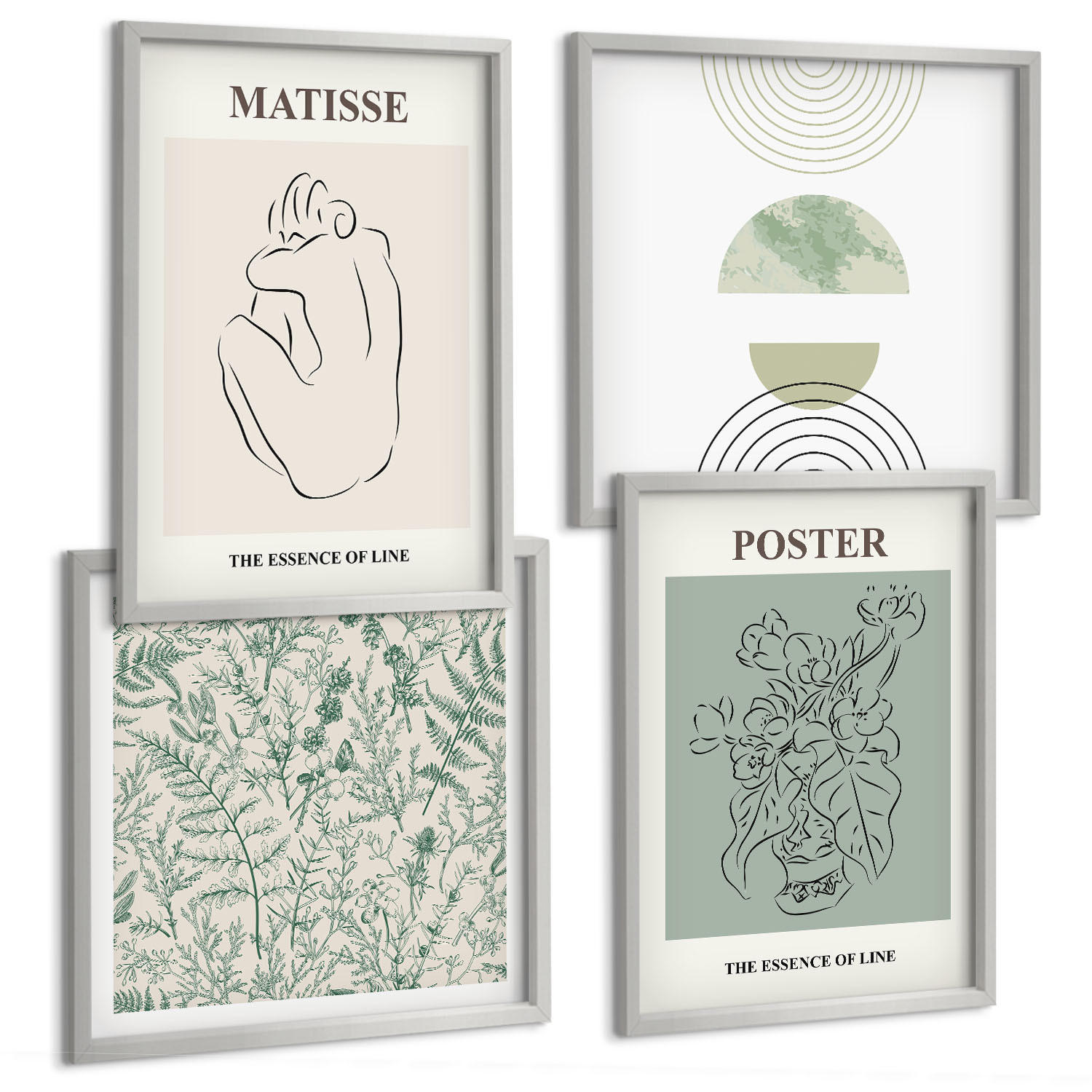 BILDER SET 4er Set - 50x50 cm & 40x60 cm Silberner Rahmen - Linien, Pflanzenmuster, Minimalismus - Silberfarben, Kunststoff (50/50cm) - TULUP