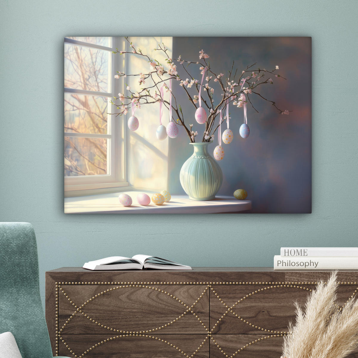 LEINWANDBILD Stillleben - Vase - Osterzweig Wandbilder 80x60 cm - Hellblau, Textil (80/60cm) - MuchoWow