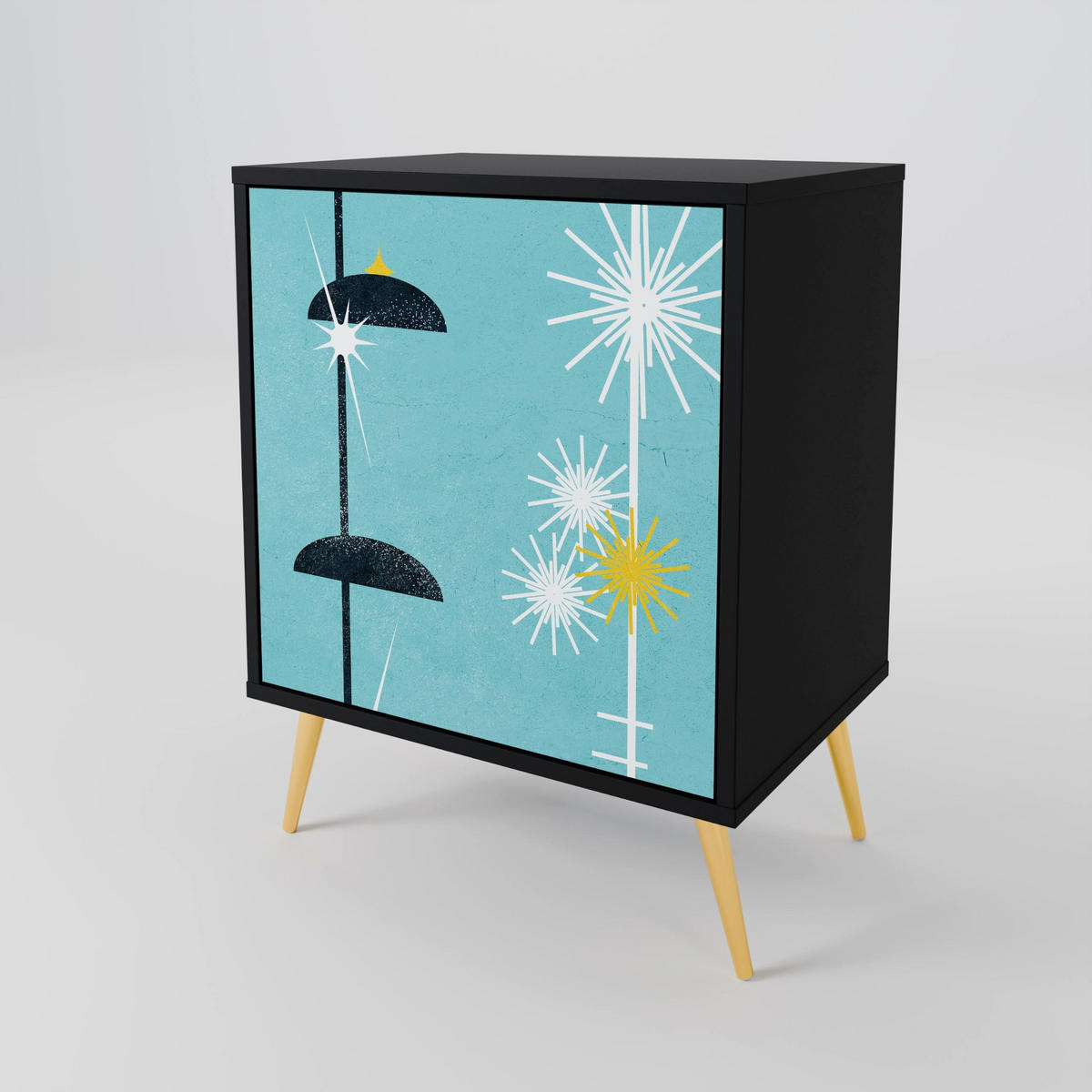 SIDEBOARD PATHS TO HAPPINESS, Schwarz, 57,5x42x70,5 cm, Schwarze Metall-Sternfüße - Multicolor/Schwarz, Holzwerkstoff/Metall (57.5/70.5/42cm) - SpaceRebels