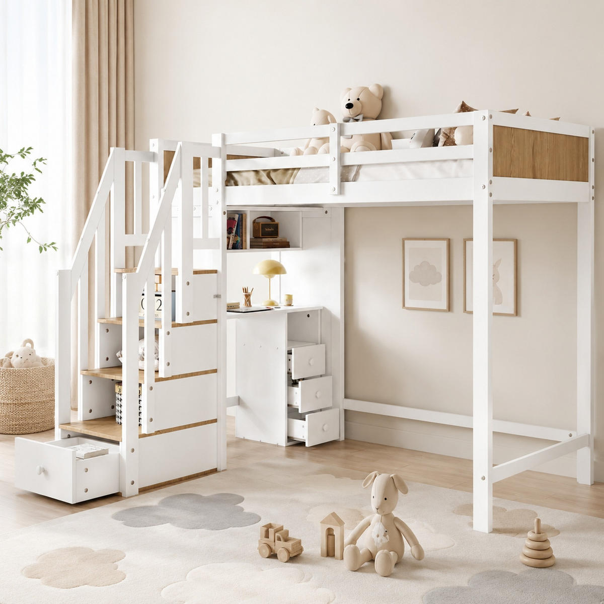 HOCHBETT 90/200 mit Schreibtisch, Leiterschrank und Fallschutz in Weiß und Natur - Weiß/Naturfarben, Holzwerkstoff (90/200cm) - EVRYAE