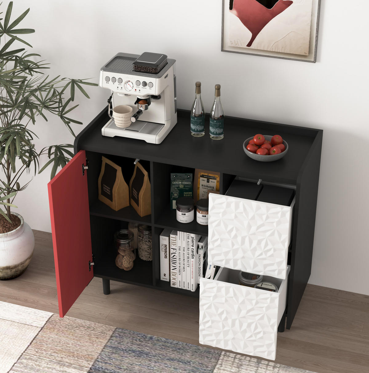 SIDEBOARD 90/40/80 cm mit 2 Schubladen & offenen Fächern in Schwarz/Rot - Rot, Holzwerkstoff (90/80/40cm) - BEAOK