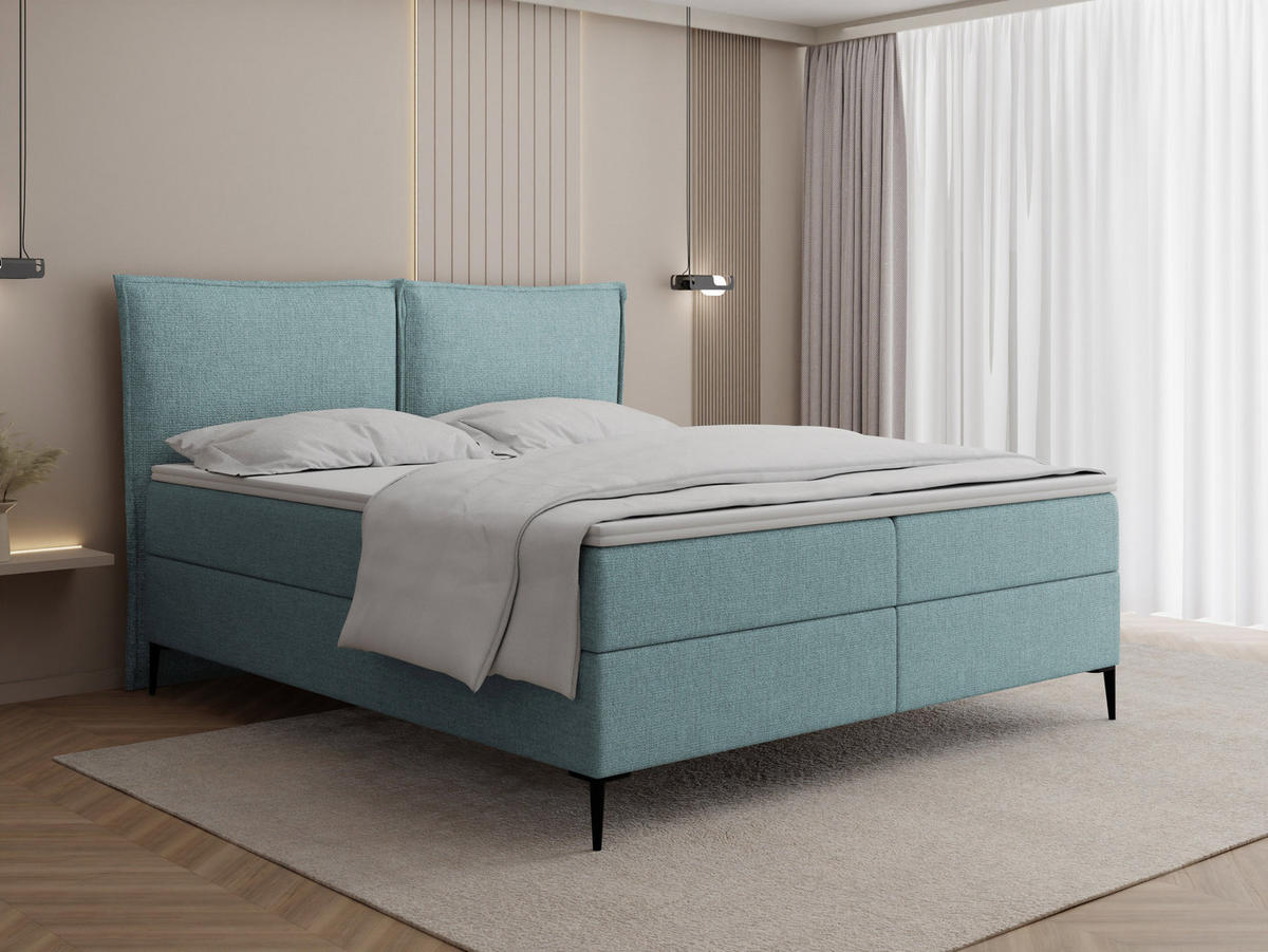 BOXBETT Calio Rise mit Bettkasten, Türkis Chenille 180x200 cm – inkl. H4 Taschenfederkern Matratze & Foam Topper - Türkis/Schwarz, Holz/Holzwerkstoff (180/200cm) - WFL GROUP