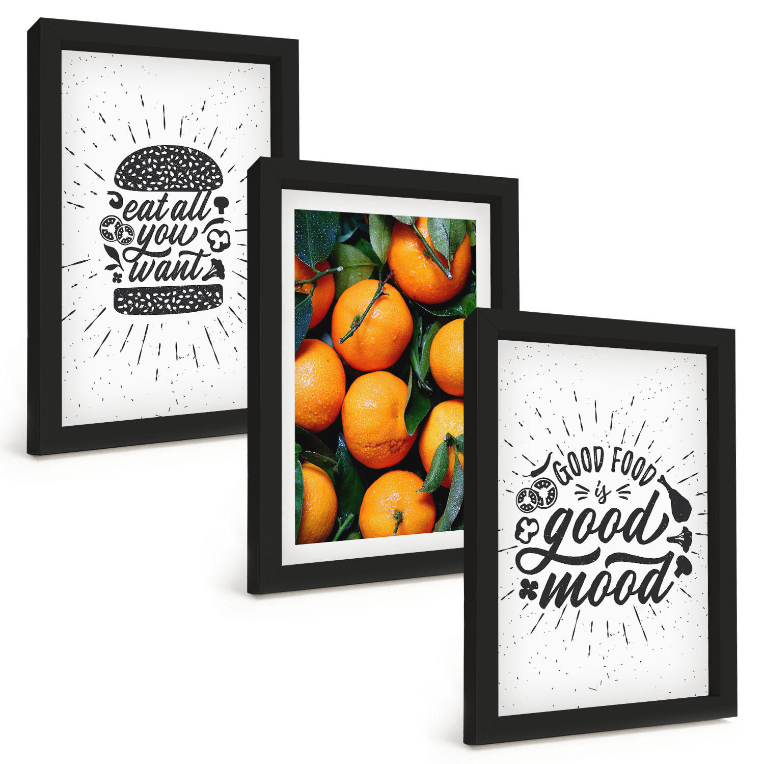 BILDER SET 3er Set - 20x30 cm Schwarzer Rahmen - Juicy Oranges Kitchen - Schwarz, Kunststoff (20/30cm) - TULUP