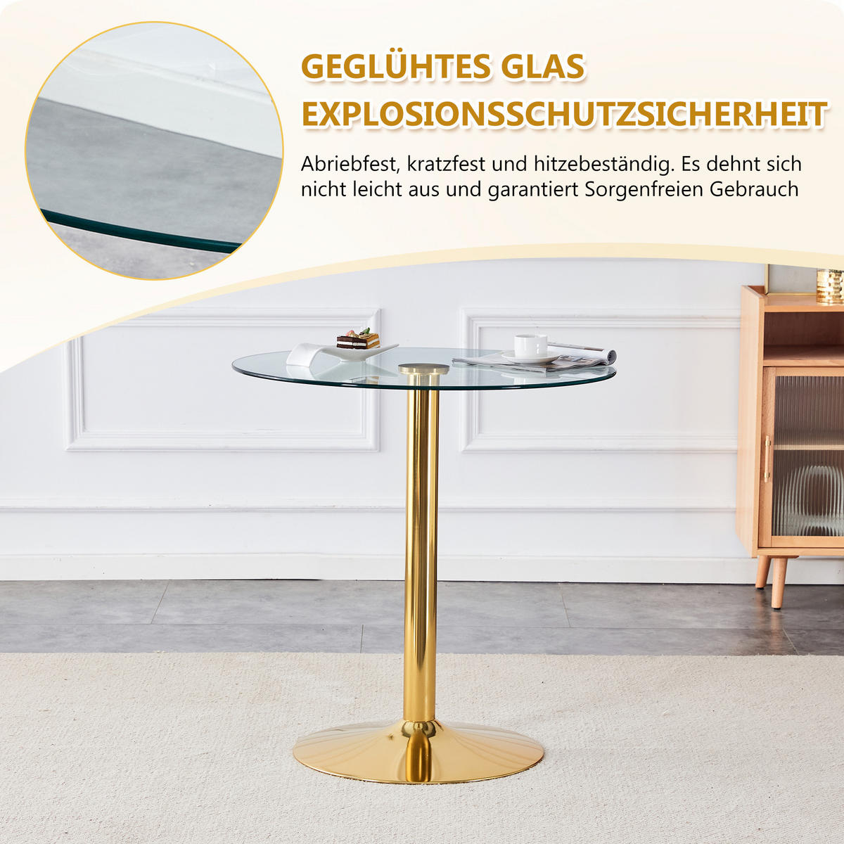 BARTISCH runder glas & gold Ø 89 cm mit trompetenfuß - Goldfarben, Glas (89/89/92cm) - Urban Meuble