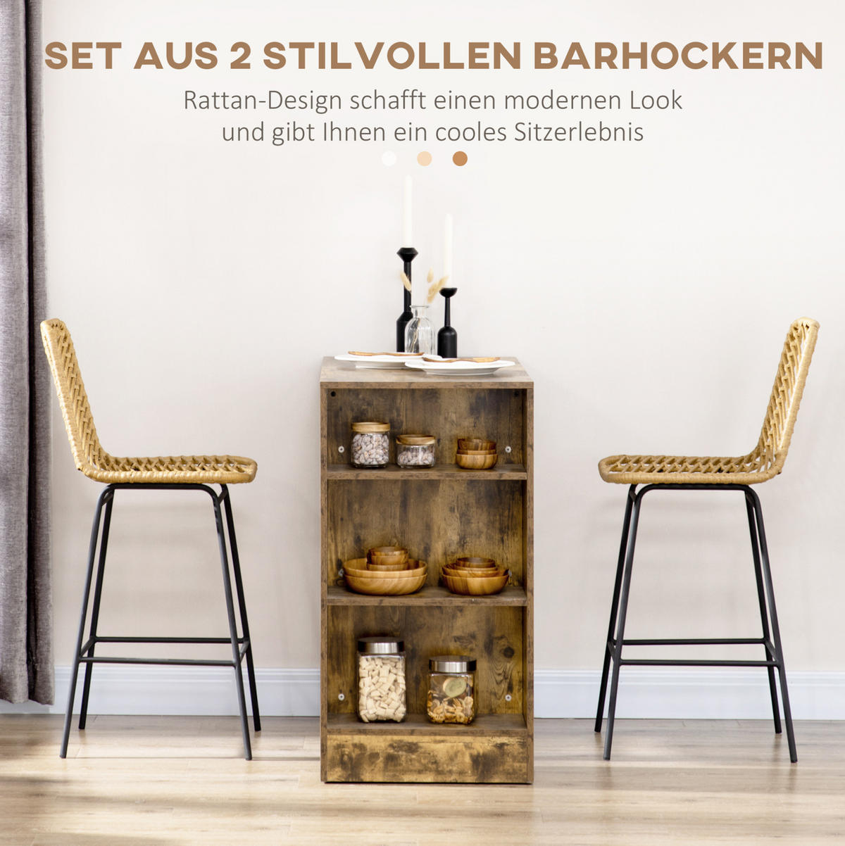 BARHOCKER 2er-Set mit Rückenlehne 42,5 x 52 x 102 cm Rattanoptik Gelb - Gelb, Metall (52/102/42.5cm) - Meubliv