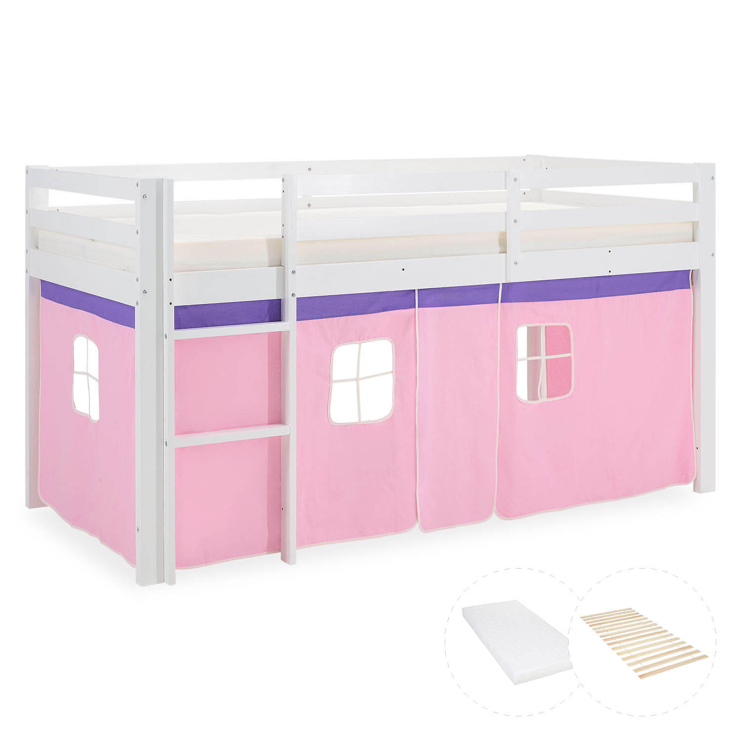 HOCHBETT mit Lattenrost Matratze 90/200 cm Rosa - Weiß/Rosa, Holz - Homestyle4u