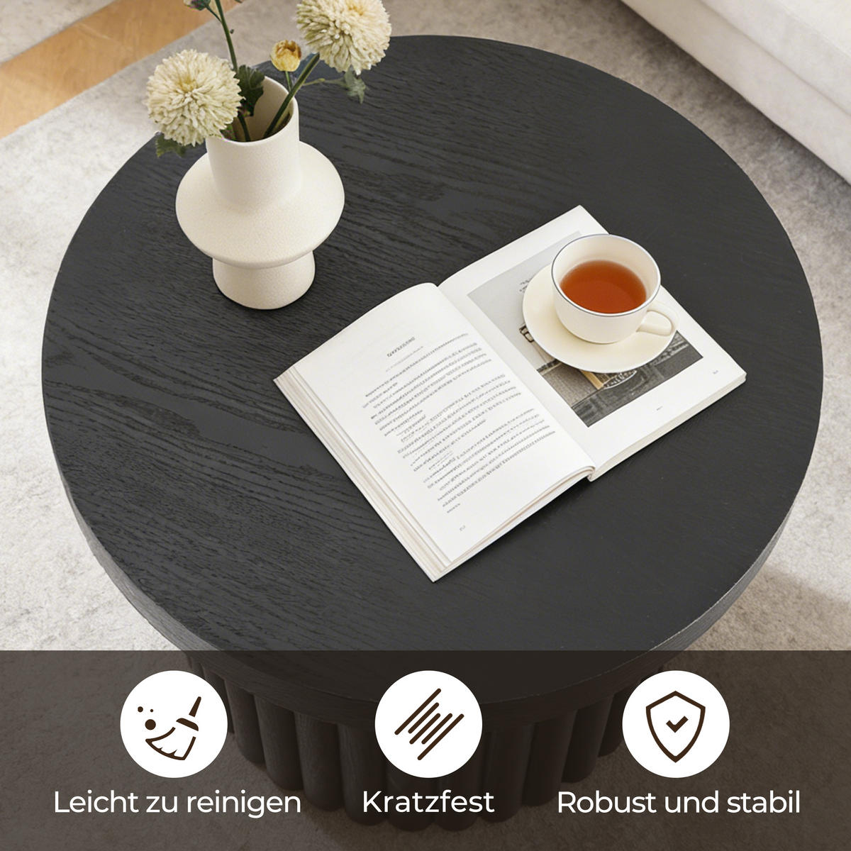 COUCHTISCH Rund, Schwarz aus MDF mit PU-Holzdessin | Ø60 x H40 cm - Schwarz, Holz (60/60/40cm) - Hometopia