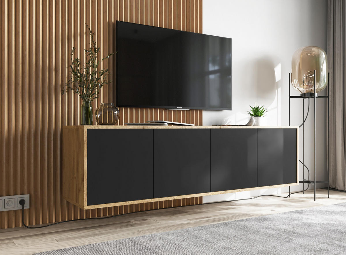 TV-SCHRANK Apollo2 Eiche wotan Schwarz Matt 150 cm - Schwarz, Holzwerkstoff (150/39/35cm) - Meble Lindner