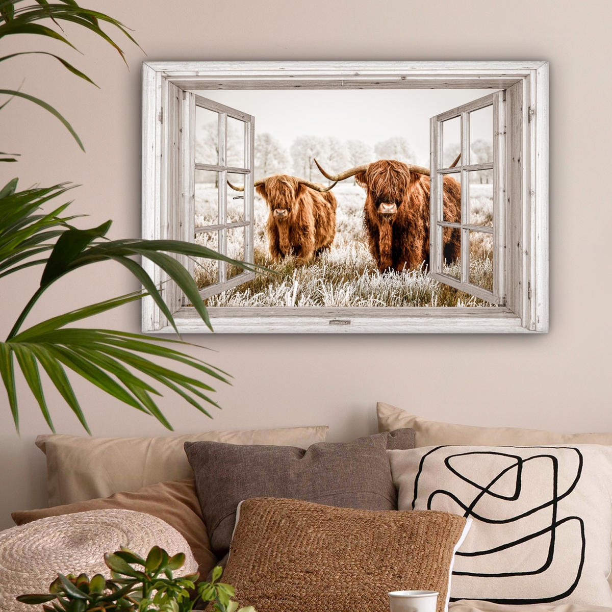 LEINWANDBILD Durchblick - Schottische Highlander - Tiere Wanddeko 90x60 cm - Hellbraun, Textil (90/60cm) - MuchoWow