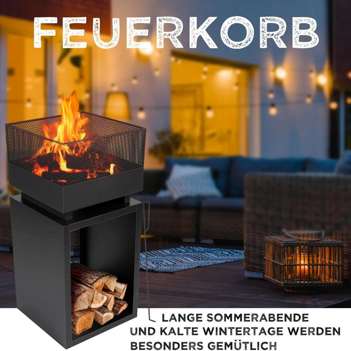 TERRASSENKAMIN Schwarz Stahl 85cm mit Holzfach und Funkenschutz, Gartenkamin, Outdoorkamin, Feuerstelle, Terrassenofen, Heizkamin, Gartenfeuer - Schwarz, Metall (39/85/39cm) - Resch