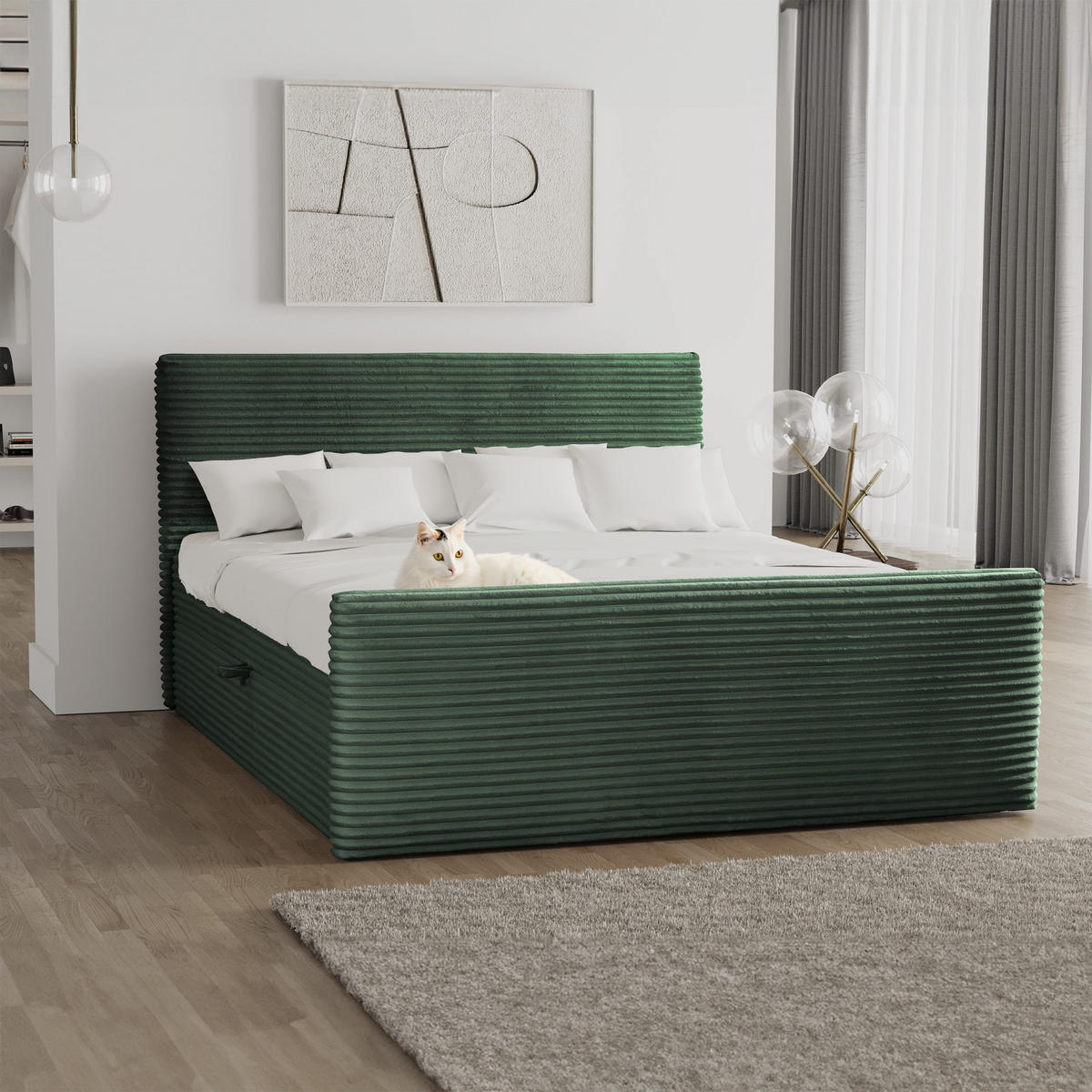 BOXBETT Mit Bettkasten Und Topper TRENTO Stoff Plüsch Cord 140x200 cm Grün H2-Pocket - Grün, Holz/Textil (140/200cm) - Kaiser Möbel
