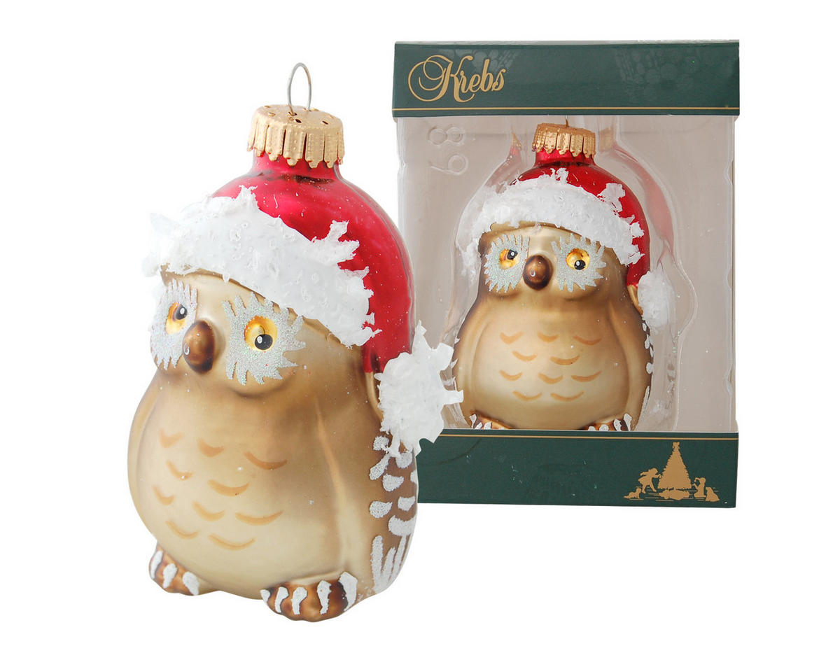 CHRISTBAUMSCHMUCK Eule Lennart Braun 8cm (Glas / 1 Stk.) - Braun, Glas (5/8/4cm) - Krebs Glas Lauscha