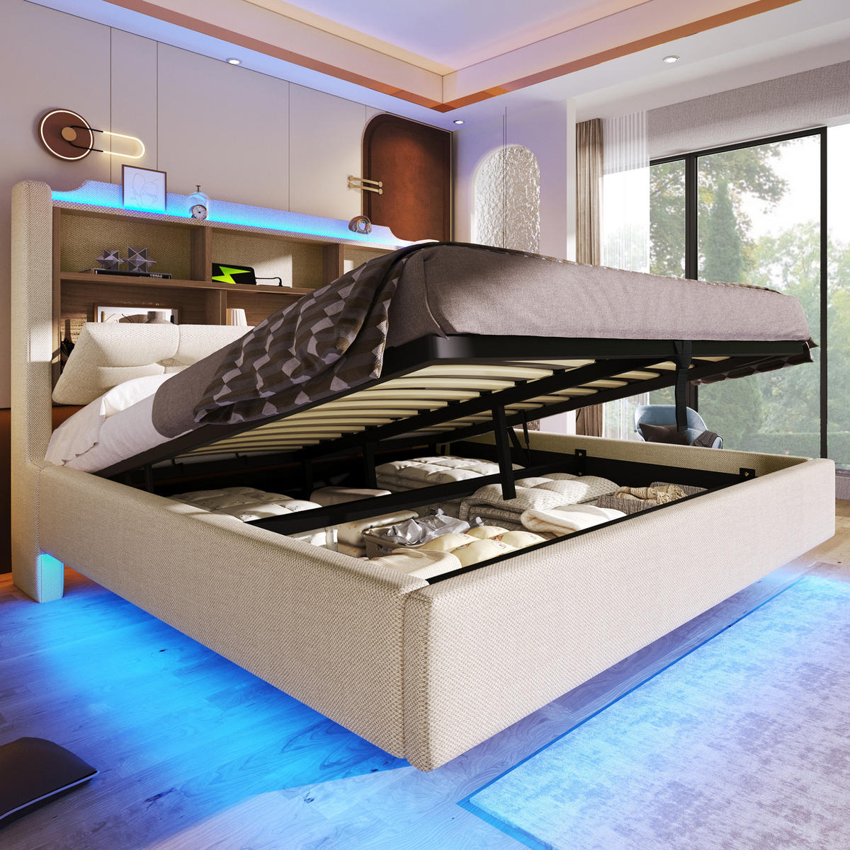 POLSTERBETT 140/200 cm mit LED-Lichtleiste, USB- und Typ-C-Anschlüssen, hydraulischem Stauraum und Staufächern, Beige - Beige, Textil (140/200cm) - Redom