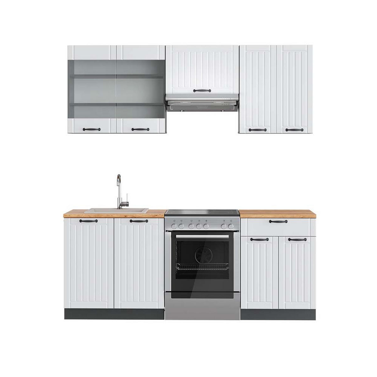 KÜCHENZEILE Fame-Line Weiß Landhaus/Anthrazit 200 cm, AP Eiche - Anthrazit/Creme, Holzwerkstoff (200/81.6/60cm) - Vicco
