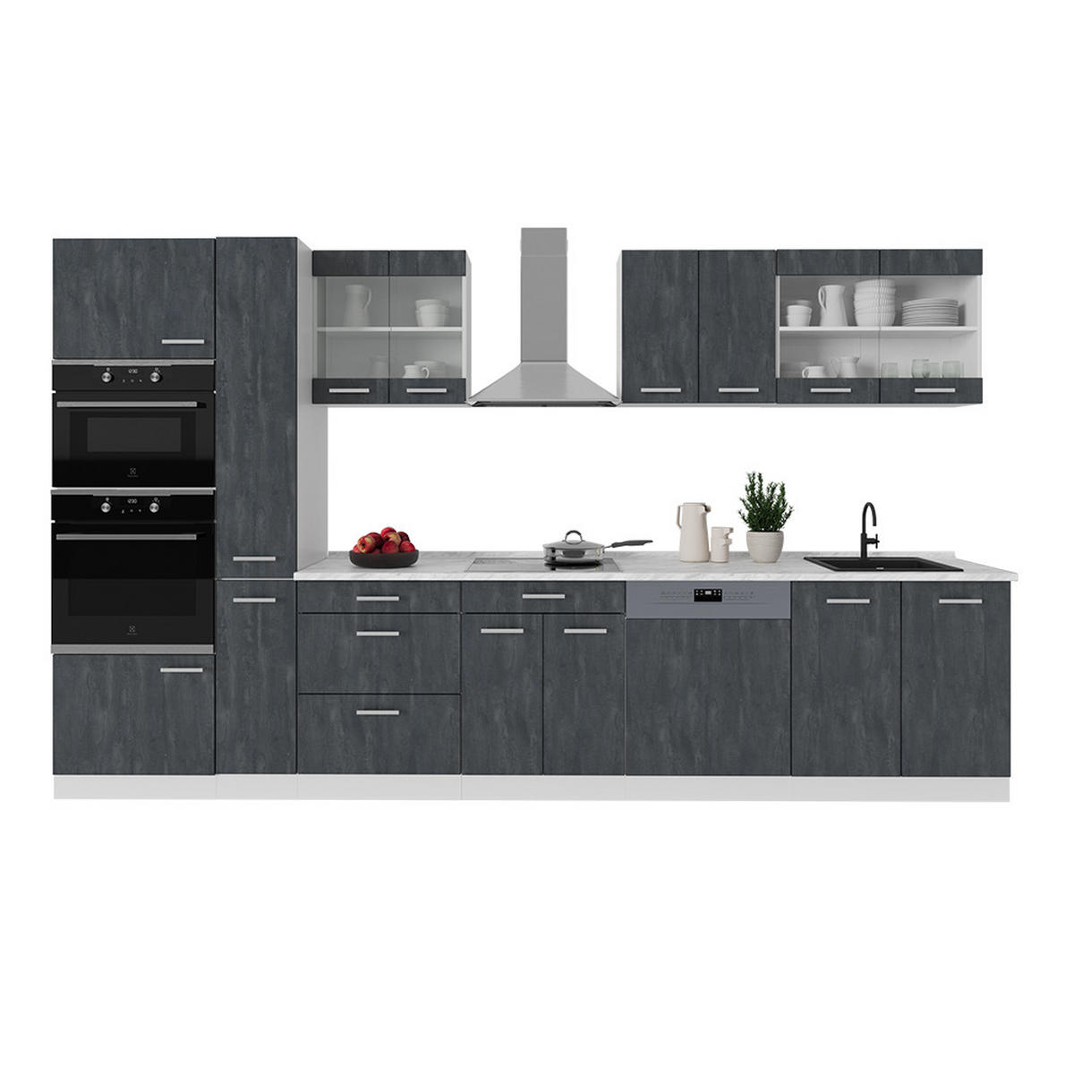 KÜCHENZEILE R-Line Schwarz Beton/Weiß 350 cm AP Marmor - Schwarz/Weiß, Holzwerkstoff (350/81.6/60cm) - Vicco