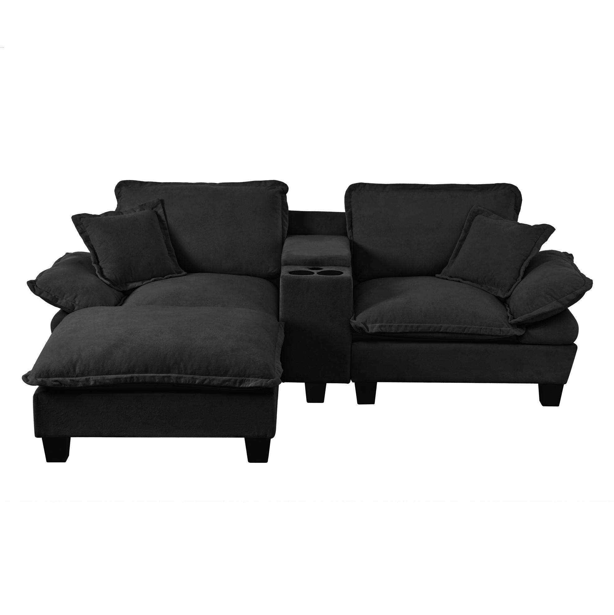 ECKSOFA 224/151/90 cm mit USB-Anschluss, Stauraum, Getränkehaltern und Ottomane aus Chenille, Schwarz - Schwarz, Textil (224/151cm) - Redom