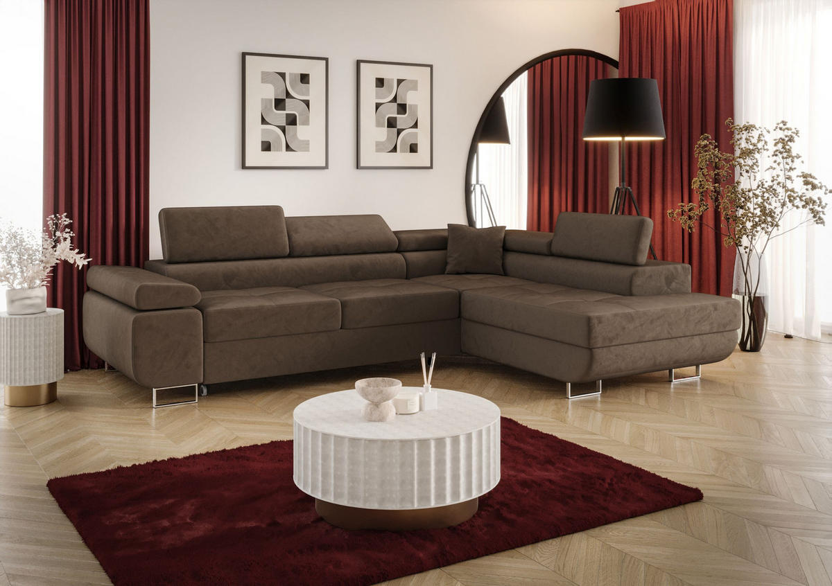 ECKSOFA EMILY mit Schlaffunktion Monolith 09 Rechts - Braun, Textil (275/200cm) - Bedante