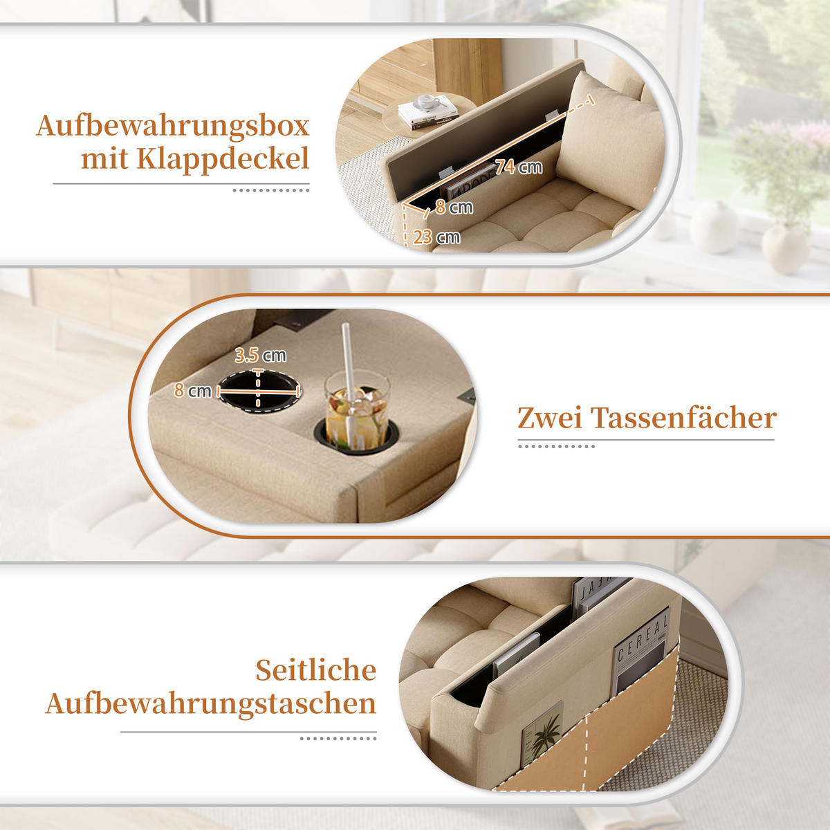 SCHLAFSOFA 159/74/92 cm Beige mit Stauraum, Verstellbarer Rückenlehne, Armlehnen-Staufächern und Kissen - Beige, Textil (159/92/142.5cm) - Oxeza