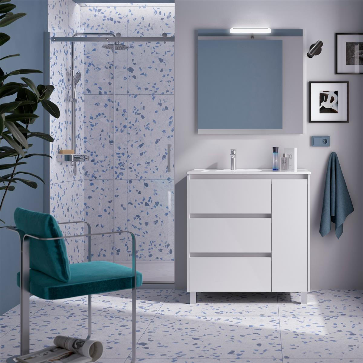 NOJA Komplett-Set 850 3 Schubladen und 1 rechte Tür WHITE GLOSS + Waschtisch + Spiegel + Leuchte - Weiß Hochglanz/Schwarz, Metall (45/54/84.8cm) - Salgar