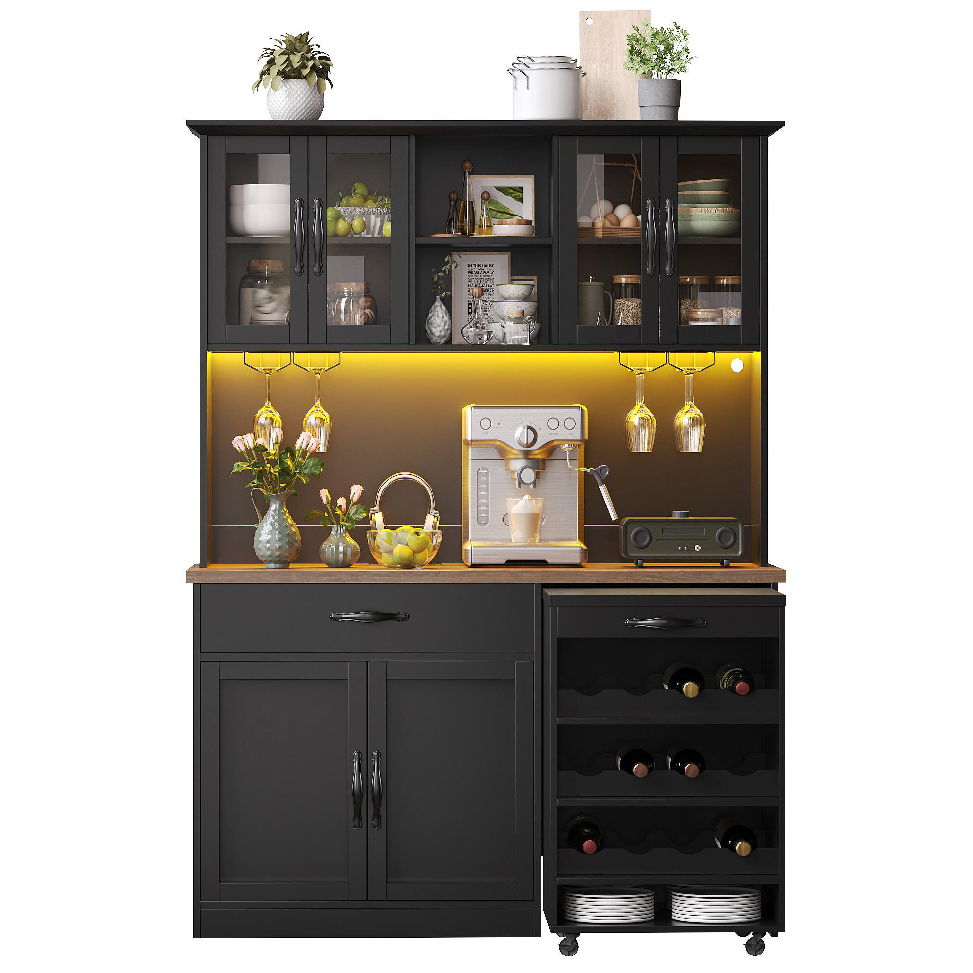 BUFFET Küchen-Hochschrank mit Rollwagen, Weinregal & Glastüren, Holzoptik, MDF/Glas/Metall modern - Schwarz, Holzwerkstoff/Metall (140/180/38cm) - EVRYAE