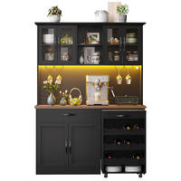 BUFFET Küchen-Hochschrank mit Rollwagen, Weinregal & Glastüren, Holzoptik, MDF/Glas/Metall modern - Schwarz, Holzwerkstoff/Metall (140/180/38cm) - EVRYAE