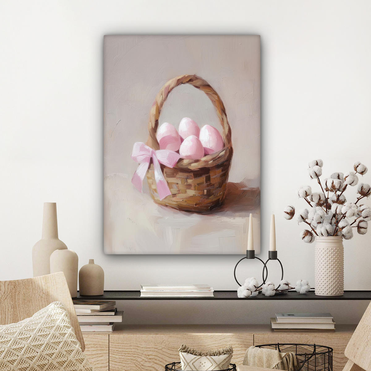 LEINWANDBILD Korb - Eier - Rosa Wandbild Wohnzimmer 60x80 cm - Beige, Textil (60/80cm) - MuchoWow