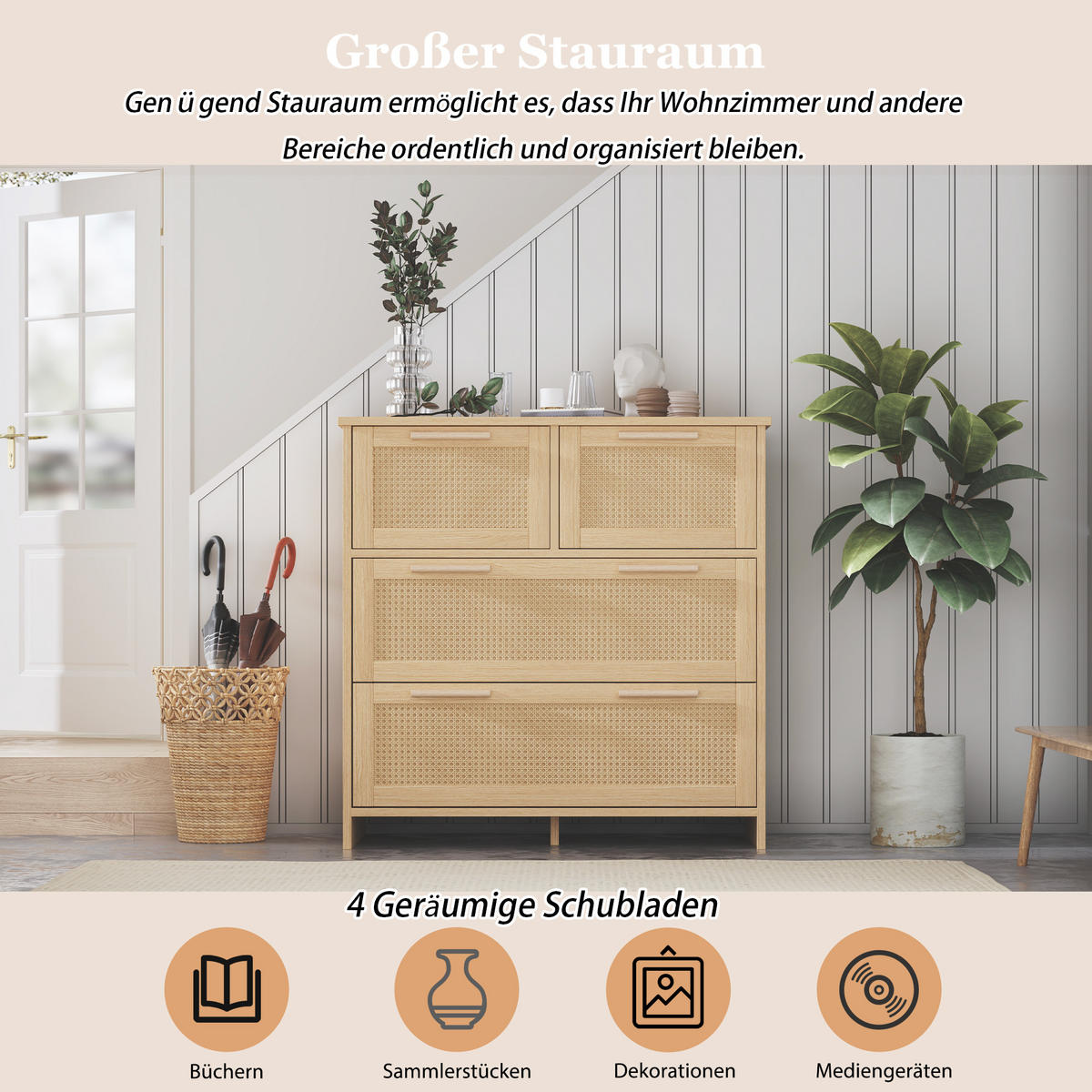 SIDEBOARD Rattan kommode mit 4 Schubladen & Massivholz Griffen - Eichefarben, Naturmaterialien/Holzwerkstoff (80/80/38cm) - Urban Meuble
